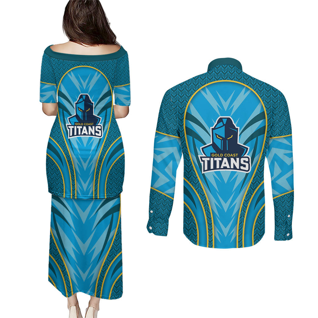 Gold Coast Titans Rugby Mascot Couples Matching Puletasi and Long Sleeve Button Shirt Australian Rugby Culture - Tribal Inspired Warrior Titan