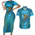 Gold Coast Titans Rugby Mascot Couples Matching Short Sleeve Bodycon Dress and Hawaiian Shirt Australian Rugby Culture - Tribal Inspired Warrior Titan