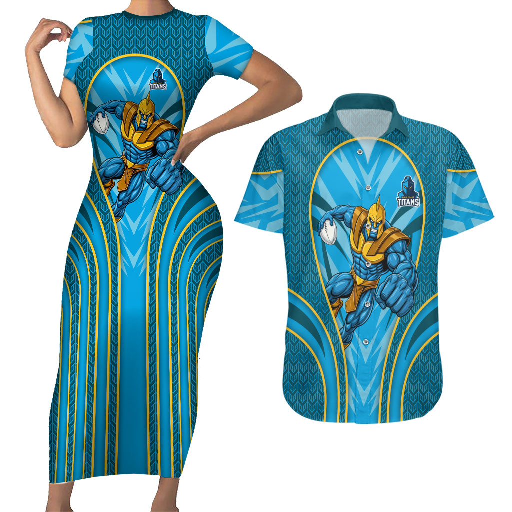 Gold Coast Titans Rugby Mascot Couples Matching Short Sleeve Bodycon Dress and Hawaiian Shirt Australian Rugby Culture - Tribal Inspired Warrior Titan
