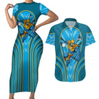 Gold Coast Titans Rugby Mascot Couples Matching Short Sleeve Bodycon Dress and Hawaiian Shirt Australian Rugby Culture - Tribal Inspired Warrior Titan