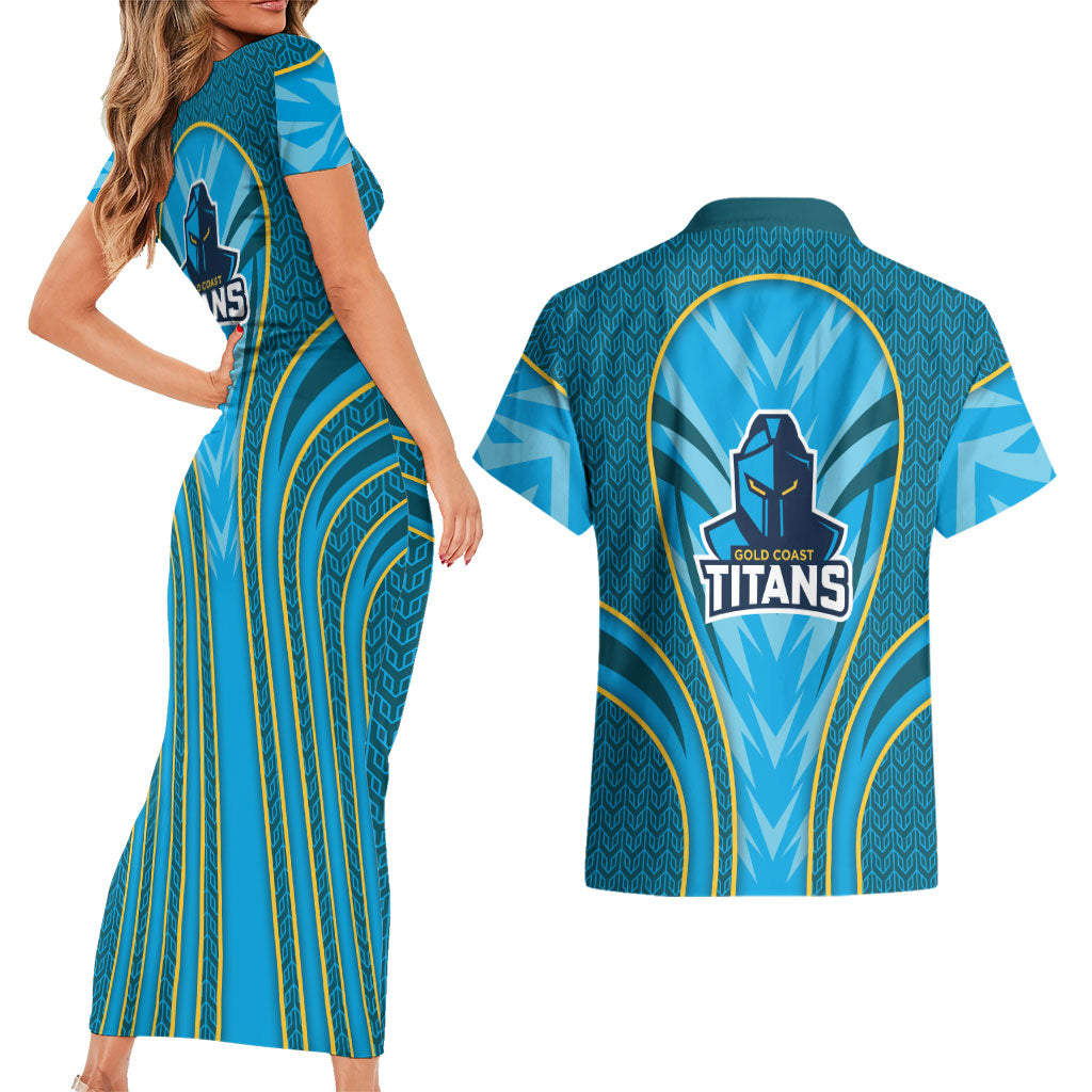 Gold Coast Titans Rugby Mascot Couples Matching Short Sleeve Bodycon Dress and Hawaiian Shirt Australian Rugby Culture - Tribal Inspired Warrior Titan