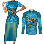 Gold Coast Titans Rugby Mascot Couples Matching Short Sleeve Bodycon Dress and Long Sleeve Button Shirt Australian Rugby Culture - Tribal Inspired Warrior Titan