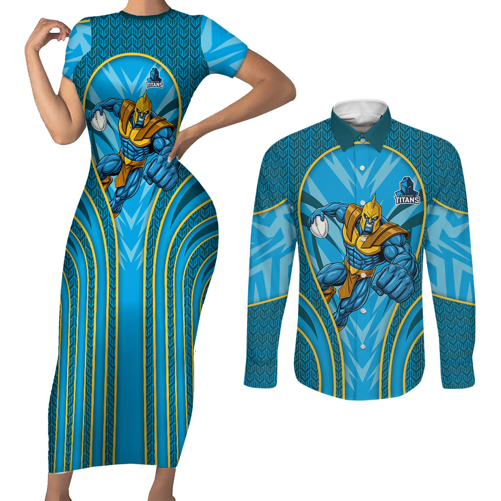 Gold Coast Titans Rugby Mascot Couples Matching Short Sleeve Bodycon Dress and Long Sleeve Button Shirt Australian Rugby Culture - Tribal Inspired Warrior Titan
