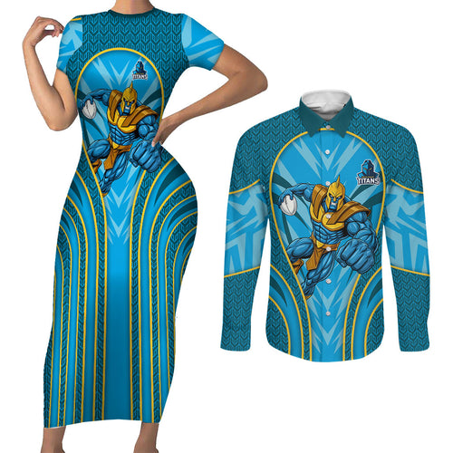 Gold Coast Titans Rugby Mascot Couples Matching Short Sleeve Bodycon Dress and Long Sleeve Button Shirt Australian Rugby Culture - Tribal Inspired Warrior Titan
