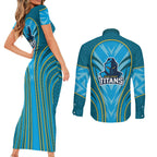 Gold Coast Titans Rugby Mascot Couples Matching Short Sleeve Bodycon Dress and Long Sleeve Button Shirt Australian Rugby Culture - Tribal Inspired Warrior Titan