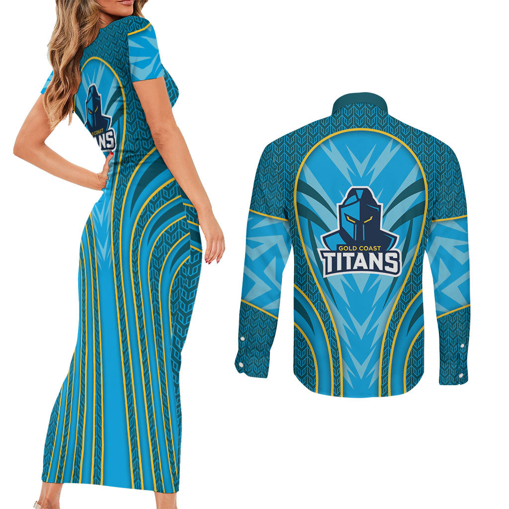 Gold Coast Titans Rugby Mascot Couples Matching Short Sleeve Bodycon Dress and Long Sleeve Button Shirt Australian Rugby Culture - Tribal Inspired Warrior Titan