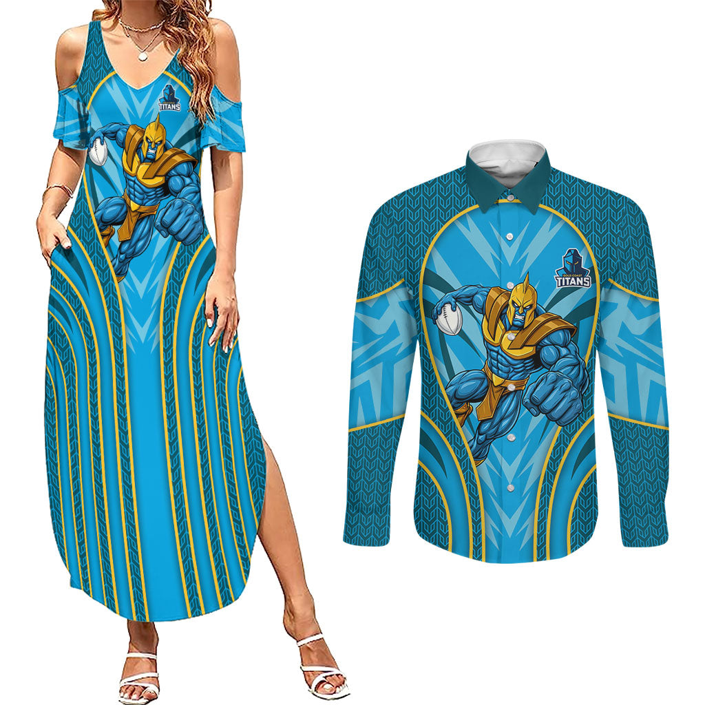 Gold Coast Titans Rugby Mascot Couples Matching Summer Maxi Dress and Long Sleeve Button Shirt Australian Rugby Culture - Tribal Inspired Warrior Titan