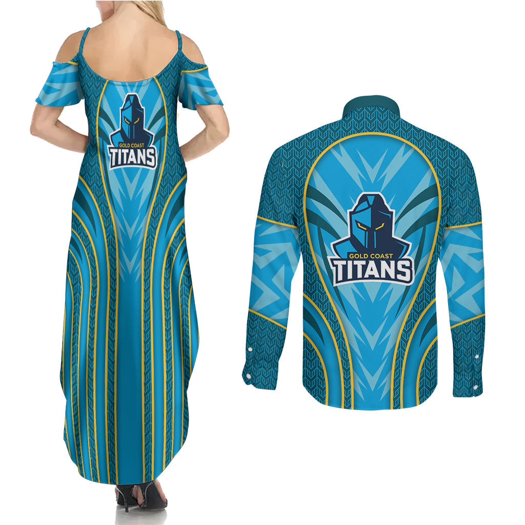Gold Coast Titans Rugby Mascot Couples Matching Summer Maxi Dress and Long Sleeve Button Shirt Australian Rugby Culture - Tribal Inspired Warrior Titan