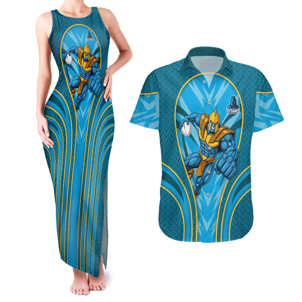 Gold Coast Titans Rugby Mascot Couples Matching Tank Maxi Dress and Hawaiian Shirt Australian Rugby Culture - Tribal Inspired Warrior Titan