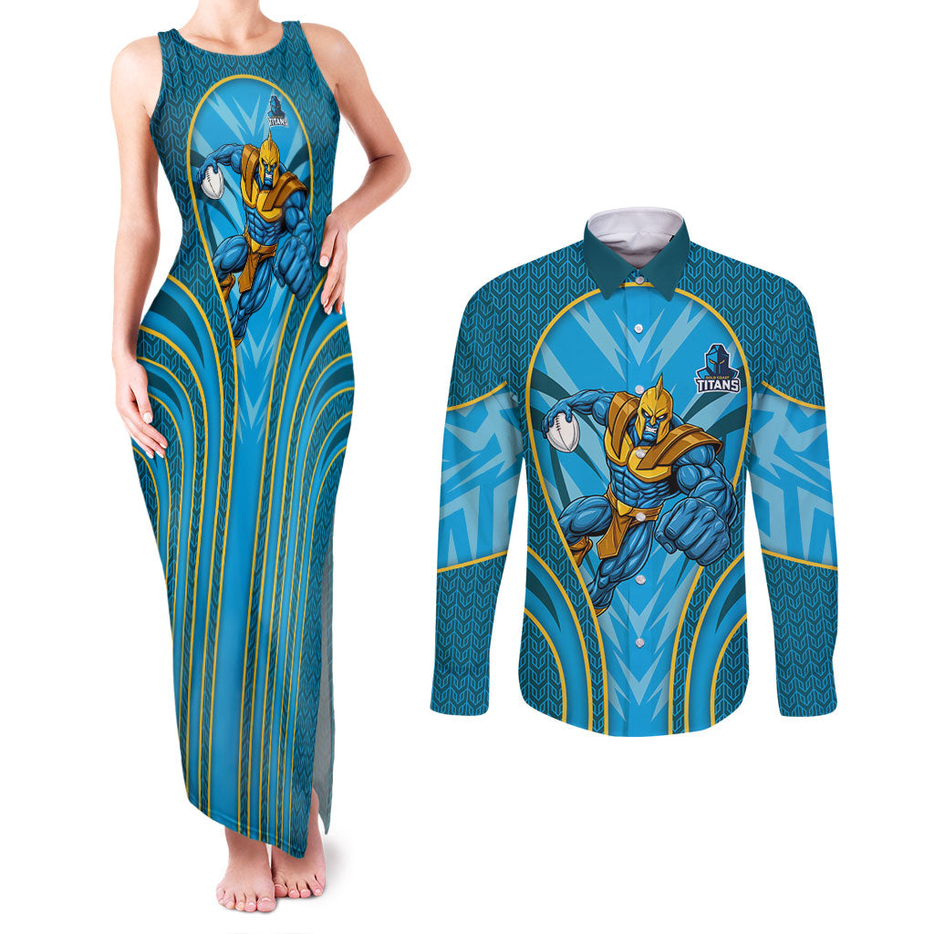 Gold Coast Titans Rugby Mascot Couples Matching Tank Maxi Dress and Long Sleeve Button Shirt Australian Rugby Culture - Tribal Inspired Warrior Titan