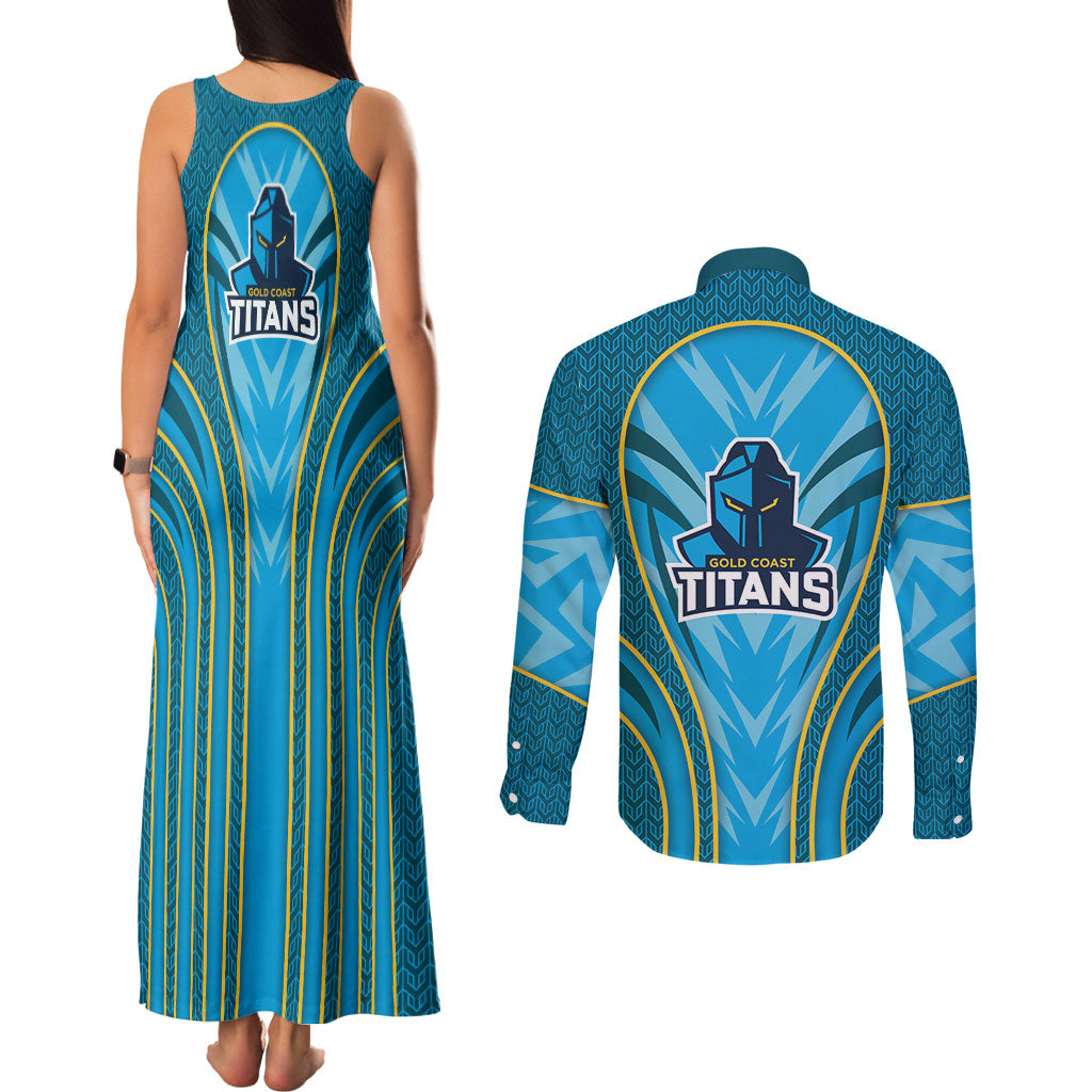 Gold Coast Titans Rugby Mascot Couples Matching Tank Maxi Dress and Long Sleeve Button Shirt Australian Rugby Culture - Tribal Inspired Warrior Titan