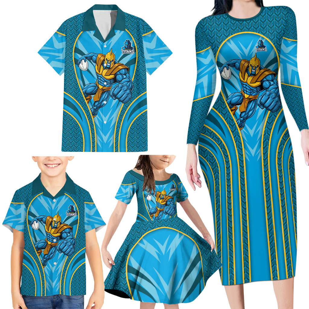 Gold Coast Titans Rugby Mascot Family Matching Long Sleeve Bodycon Dress and Hawaiian Shirt Australian Rugby Culture - Tribal Inspired Warrior Titan