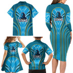 Gold Coast Titans Rugby Mascot Family Matching Long Sleeve Bodycon Dress and Hawaiian Shirt Australian Rugby Culture - Tribal Inspired Warrior Titan
