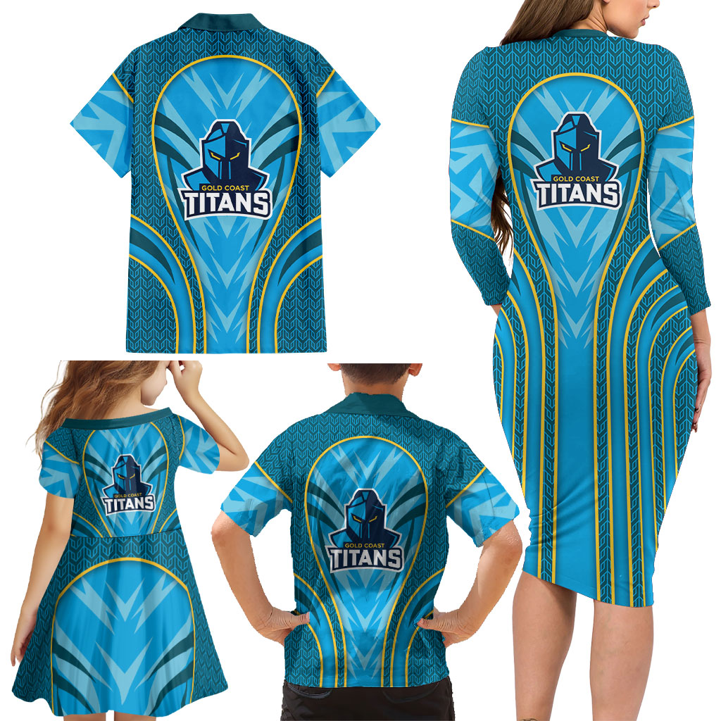 Gold Coast Titans Rugby Mascot Family Matching Long Sleeve Bodycon Dress and Hawaiian Shirt Australian Rugby Culture - Tribal Inspired Warrior Titan