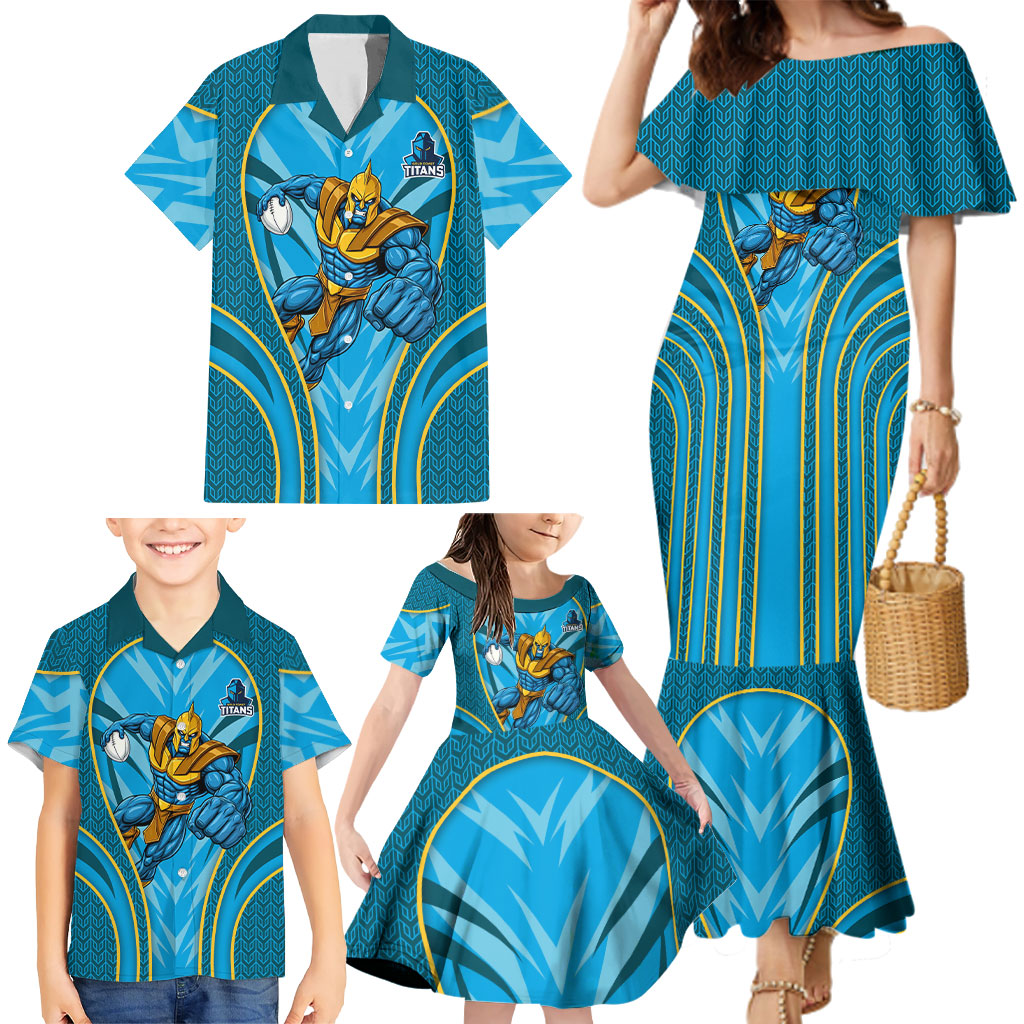Gold Coast Titans Rugby Mascot Family Matching Mermaid Dress and Hawaiian Shirt Australian Rugby Culture - Tribal Inspired Warrior Titan