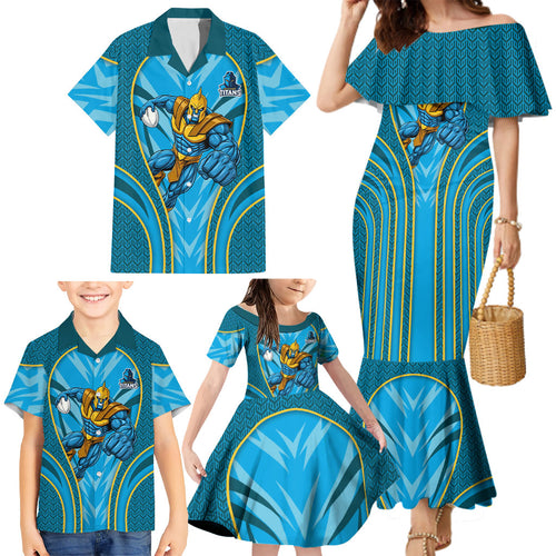 Gold Coast Titans Rugby Mascot Family Matching Mermaid Dress and Hawaiian Shirt Australian Rugby Culture - Tribal Inspired Warrior Titan