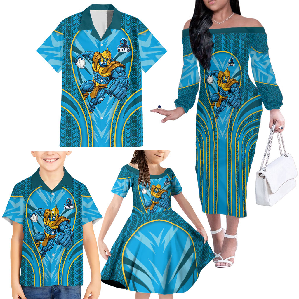 Gold Coast Titans Rugby Mascot Family Matching Off The Shoulder Long Sleeve Dress and Hawaiian Shirt Australian Rugby Culture - Tribal Inspired Warrior Titan