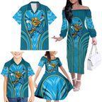 Gold Coast Titans Rugby Mascot Family Matching Off The Shoulder Long Sleeve Dress and Hawaiian Shirt Australian Rugby Culture - Tribal Inspired Warrior Titan
