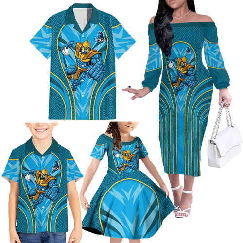 Gold Coast Titans Rugby Mascot Family Matching Off The Shoulder Long Sleeve Dress and Hawaiian Shirt Australian Rugby Culture - Tribal Inspired Warrior Titan