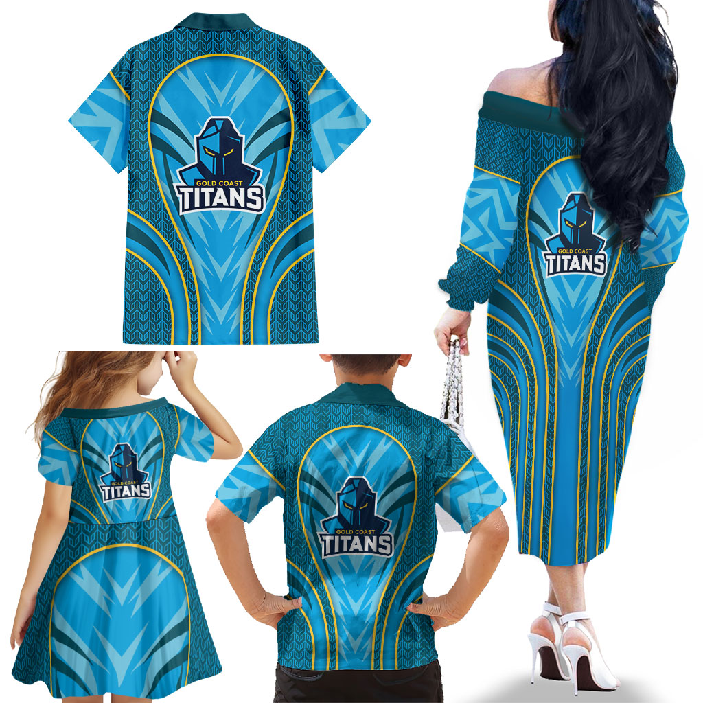 Gold Coast Titans Rugby Mascot Family Matching Off The Shoulder Long Sleeve Dress and Hawaiian Shirt Australian Rugby Culture - Tribal Inspired Warrior Titan