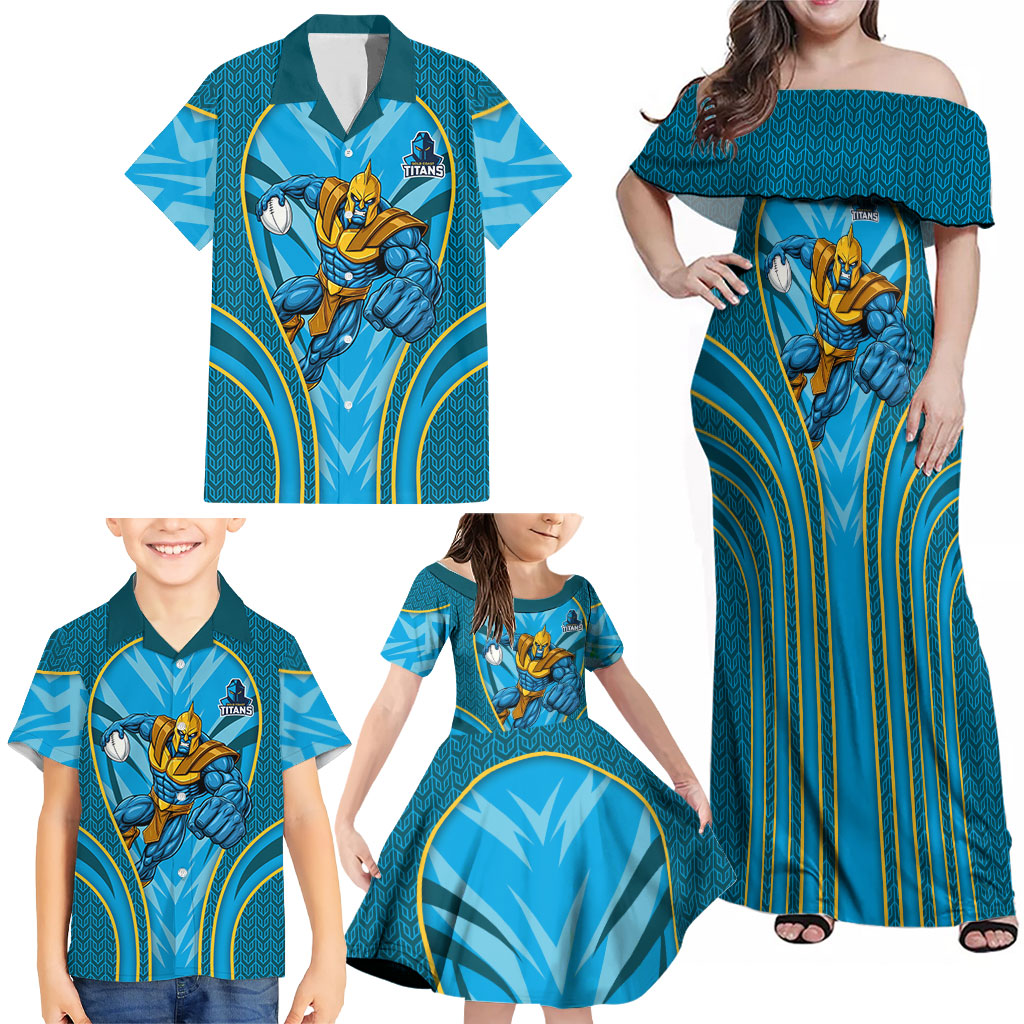 Gold Coast Titans Rugby Mascot Family Matching Off Shoulder Maxi Dress and Hawaiian Shirt Australian Rugby Culture - Tribal Inspired Warrior Titan