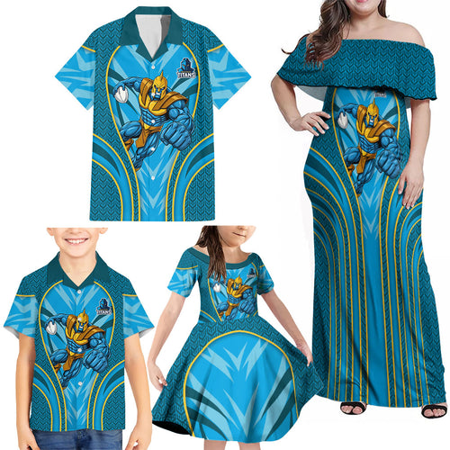 Gold Coast Titans Rugby Mascot Family Matching Off Shoulder Maxi Dress and Hawaiian Shirt Australian Rugby Culture - Tribal Inspired Warrior Titan
