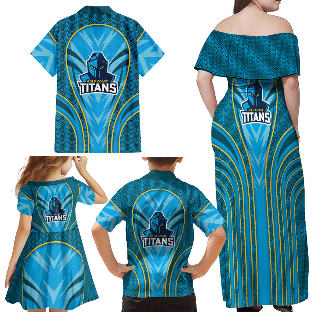 Gold Coast Titans Rugby Mascot Family Matching Off Shoulder Maxi Dress and Hawaiian Shirt Australian Rugby Culture - Tribal Inspired Warrior Titan