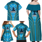 Gold Coast Titans Rugby Mascot Family Matching Off Shoulder Maxi Dress and Hawaiian Shirt Australian Rugby Culture - Tribal Inspired Warrior Titan
