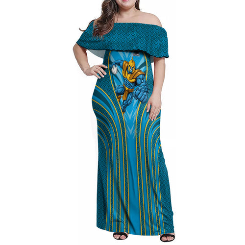 Gold Coast Titans Rugby Mascot Family Matching Off Shoulder Maxi Dress and Hawaiian Shirt Australian Rugby Culture - Tribal Inspired Warrior Titan