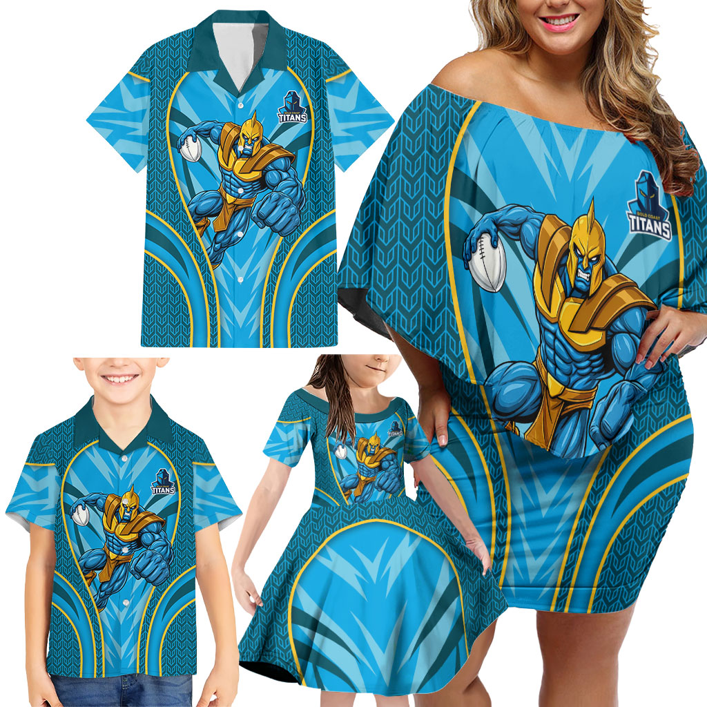 Gold Coast Titans Rugby Mascot Family Matching Off Shoulder Short Dress and Hawaiian Shirt Australian Rugby Culture - Tribal Inspired Warrior Titan