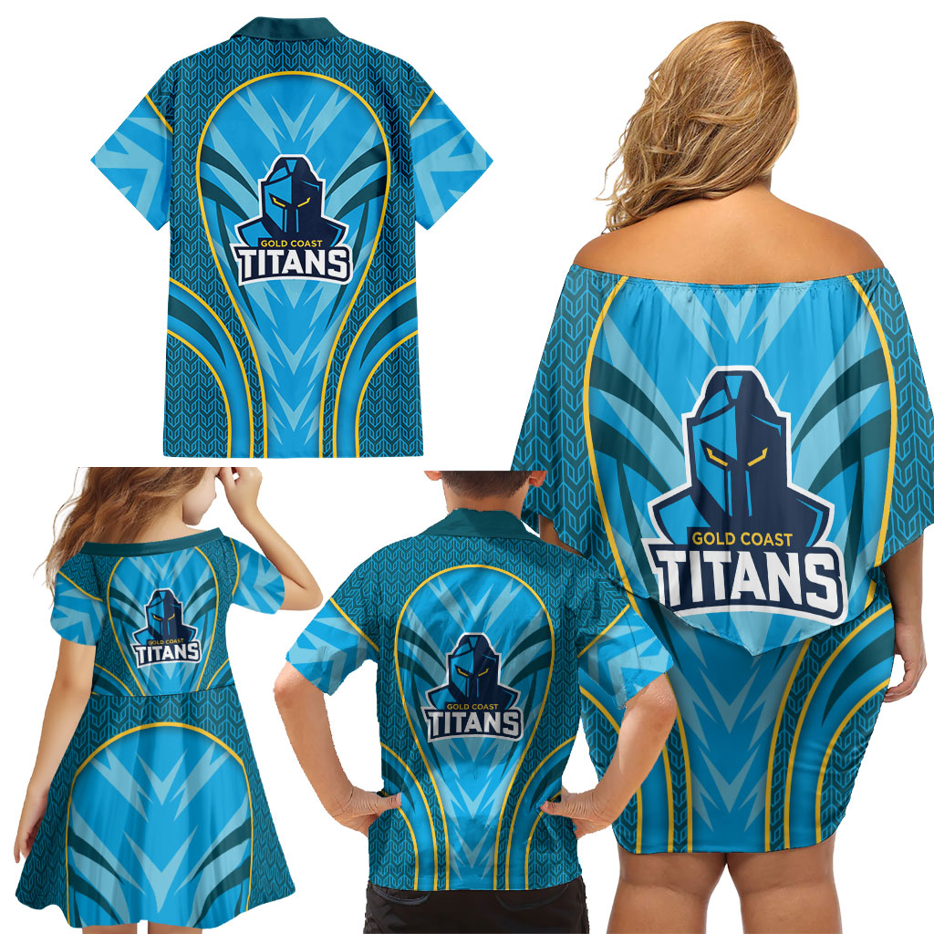Gold Coast Titans Rugby Mascot Family Matching Off Shoulder Short Dress and Hawaiian Shirt Australian Rugby Culture - Tribal Inspired Warrior Titan
