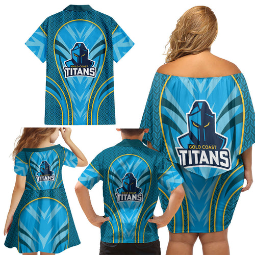 Gold Coast Titans Rugby Mascot Family Matching Off Shoulder Short Dress and Hawaiian Shirt Australian Rugby Culture - Tribal Inspired Warrior Titan