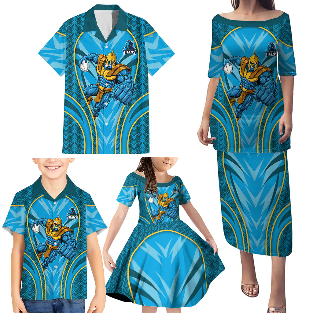 Gold Coast Titans Rugby Mascot Family Matching Puletasi and Hawaiian Shirt Australian Rugby Culture - Tribal Inspired Warrior Titan