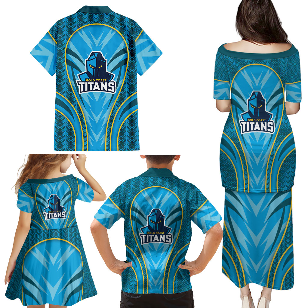 Gold Coast Titans Rugby Mascot Family Matching Puletasi and Hawaiian Shirt Australian Rugby Culture - Tribal Inspired Warrior Titan