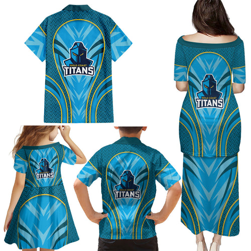 Gold Coast Titans Rugby Mascot Family Matching Puletasi and Hawaiian Shirt Australian Rugby Culture - Tribal Inspired Warrior Titan
