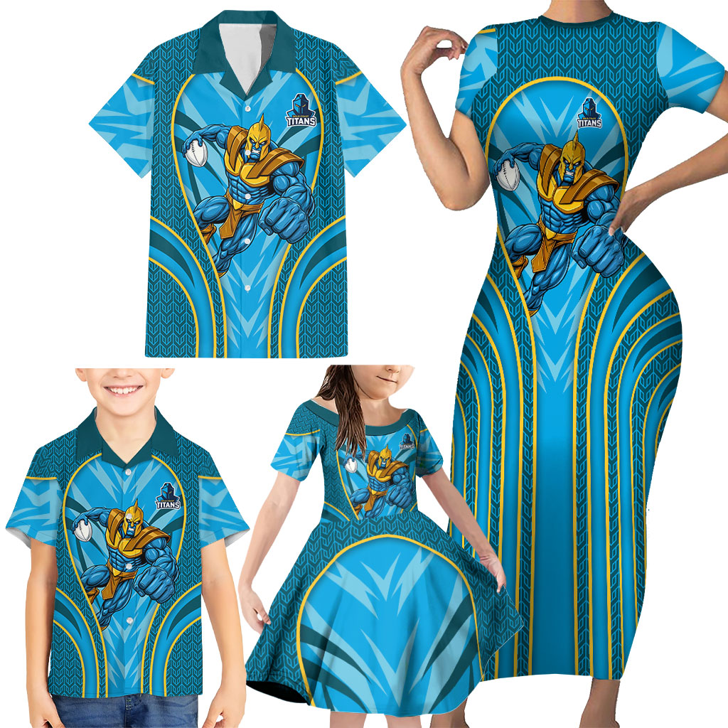 Gold Coast Titans Rugby Mascot Family Matching Short Sleeve Bodycon Dress and Hawaiian Shirt Australian Rugby Culture - Tribal Inspired Warrior Titan
