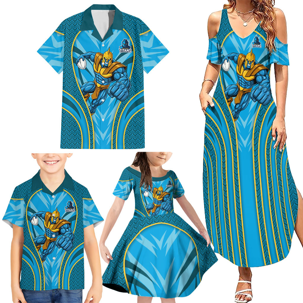 Gold Coast Titans Rugby Mascot Family Matching Summer Maxi Dress and Hawaiian Shirt Australian Rugby Culture - Tribal Inspired Warrior Titan