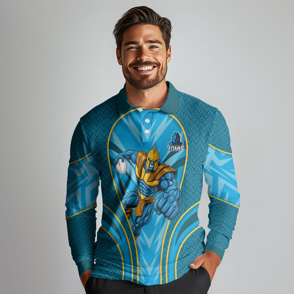Gold Coast Titans Rugby Mascot Long Sleeve Polo Shirt Australian Rugby Culture - Tribal Inspired Warrior Titan