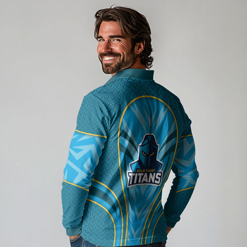 Gold Coast Titans Rugby Mascot Long Sleeve Polo Shirt Australian Rugby Culture - Tribal Inspired Warrior Titan