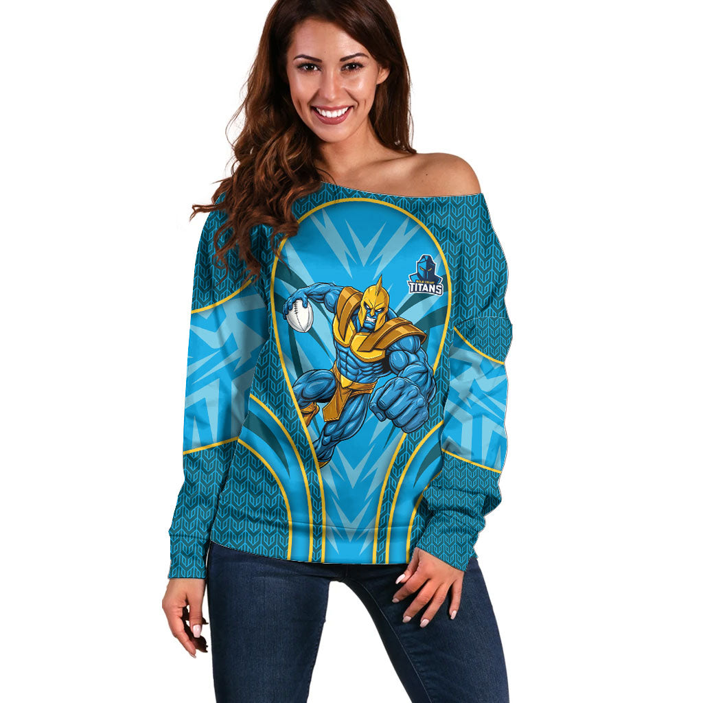 Gold Coast Titans Rugby Mascot Off Shoulder Sweater Australian Rugby Culture - Tribal Inspired Warrior Titan