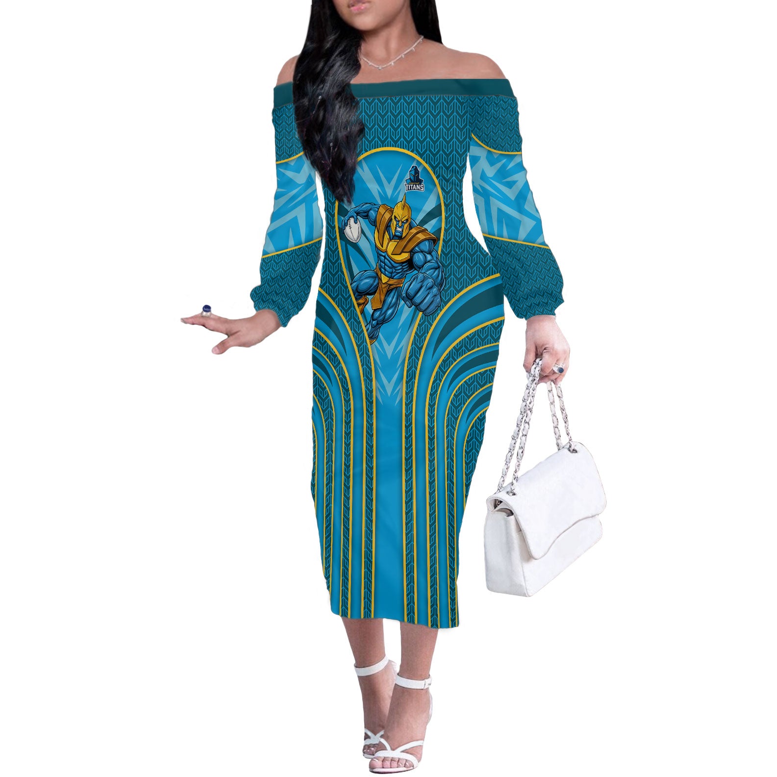 Gold Coast Titans Rugby Mascot Off The Shoulder Long Sleeve Dress Australian Rugby Culture - Tribal Inspired Warrior Titan