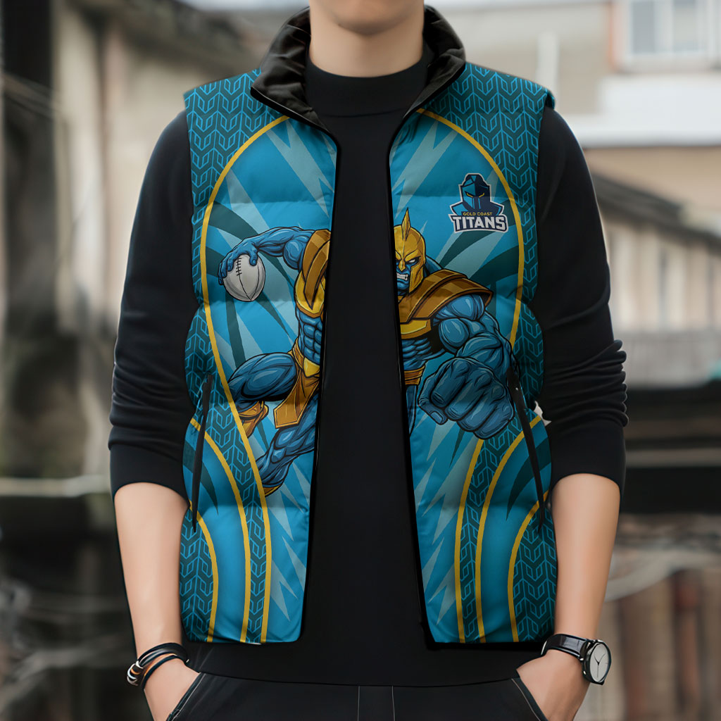 Gold Coast Titans Rugby Mascot Sleeveless Puffer Jacket Australian Rugby Culture - Tribal Inspired Warrior Titan