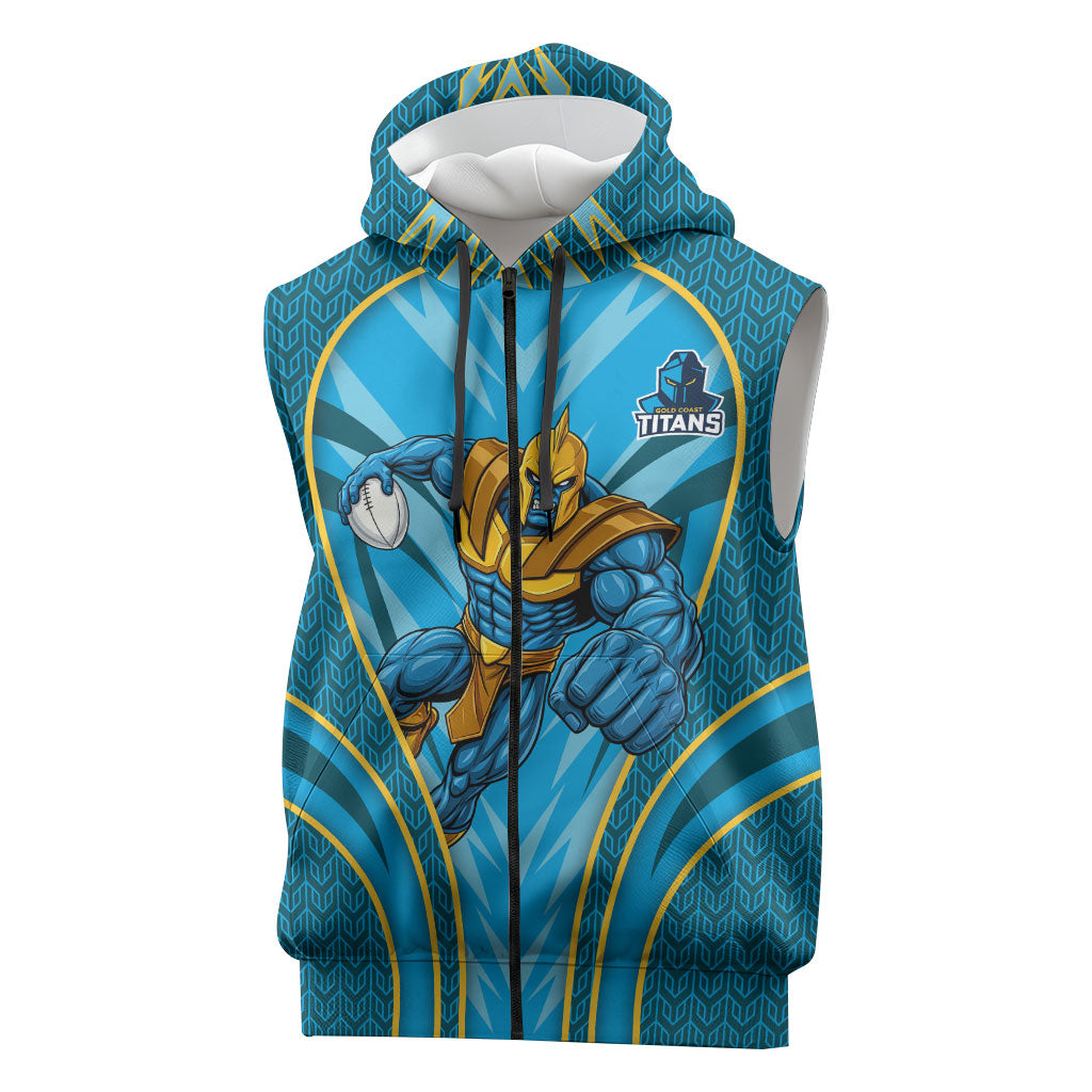 Gold Coast Titans Rugby Mascot Sleeveless Zip Hoodie Australian Rugby Culture - Tribal Inspired Warrior Titan