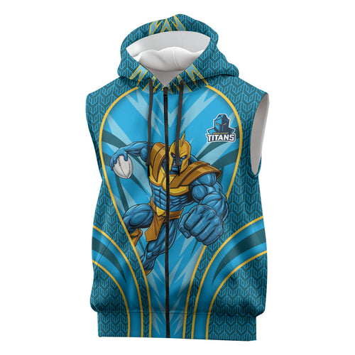 Gold Coast Titans Rugby Mascot Sleeveless Zip Hoodie Australian Rugby Culture - Tribal Inspired Warrior Titan