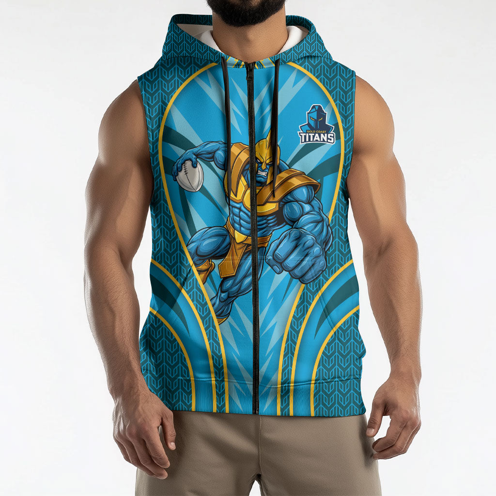 Gold Coast Titans Rugby Mascot Sleeveless Zip Hoodie Australian Rugby Culture - Tribal Inspired Warrior Titan