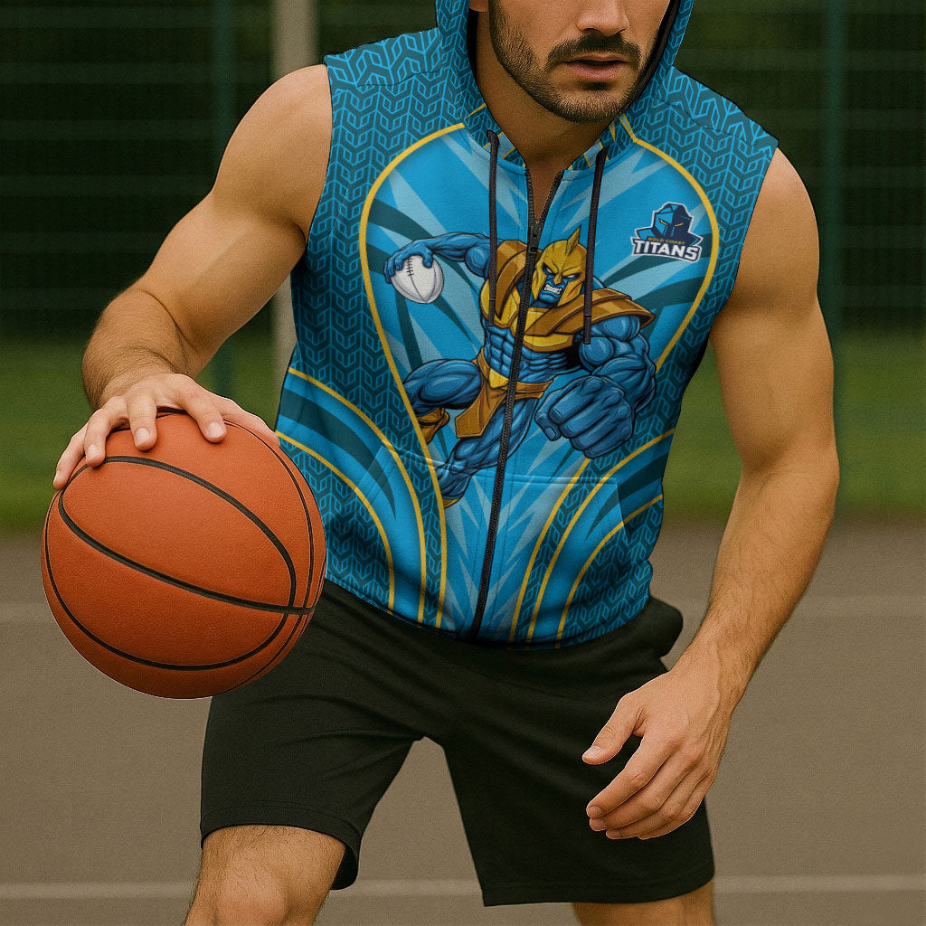 Gold Coast Titans Rugby Mascot Sleeveless Zip Hoodie Australian Rugby Culture - Tribal Inspired Warrior Titan