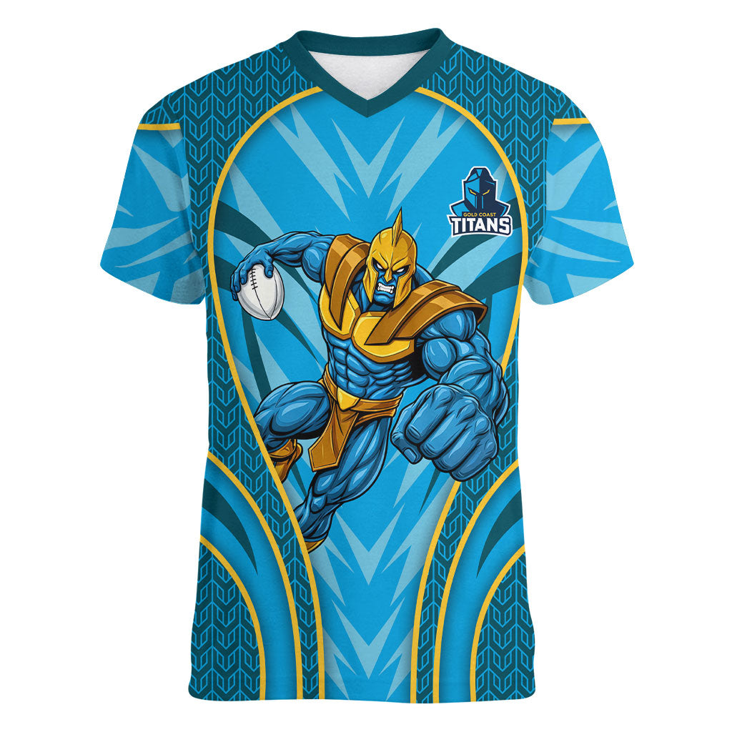Gold Coast Titans Rugby Mascot Women V-Neck T-Shirt Australian Rugby Culture - Tribal Inspired Warrior Titan