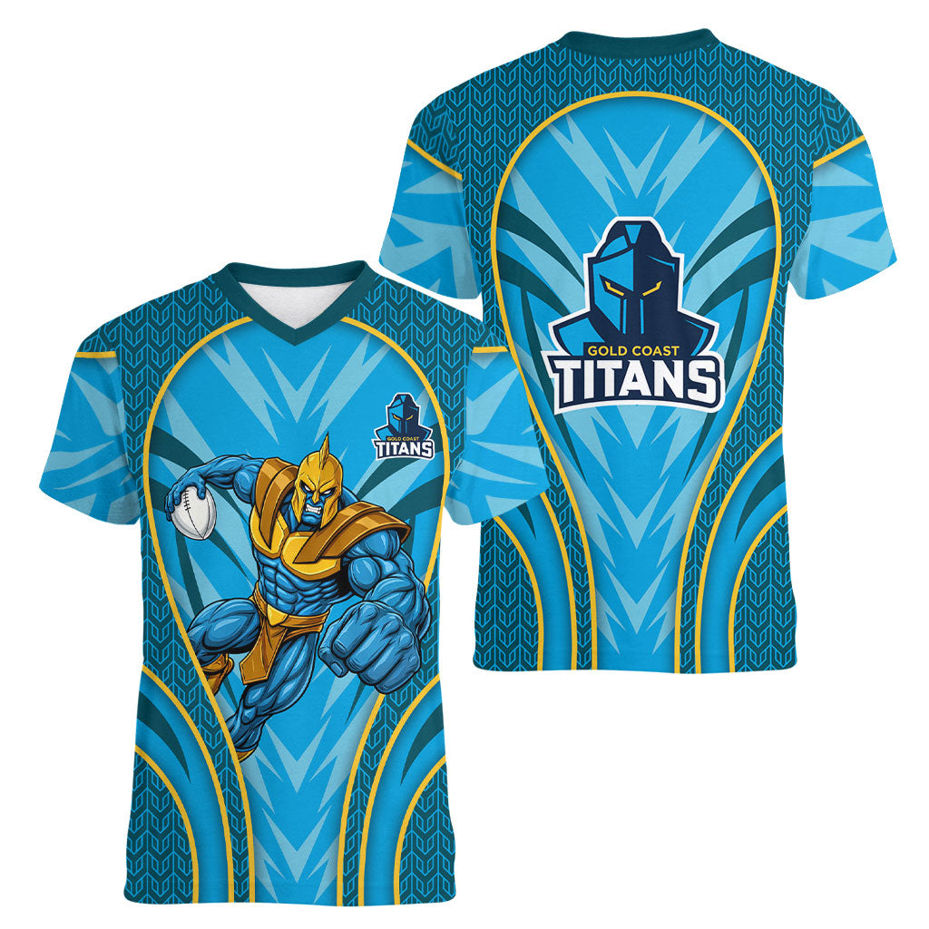 Gold Coast Titans Rugby Mascot Women V-Neck T-Shirt Australian Rugby Culture - Tribal Inspired Warrior Titan
