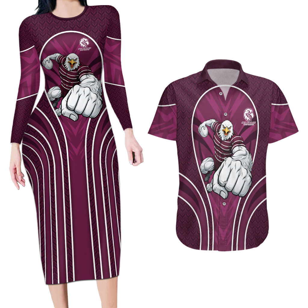 Manly Warringah Sea Eagles Rugby Mascot Couples Matching Long Sleeve Bodycon Dress and Hawaiian Shirt Australian Rugby Culture - Tribal Inspired Eagle
