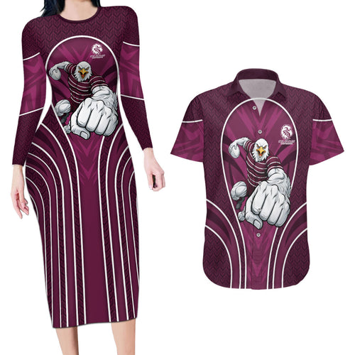 Manly Warringah Sea Eagles Rugby Mascot Couples Matching Long Sleeve Bodycon Dress and Hawaiian Shirt Australian Rugby Culture - Tribal Inspired Eagle